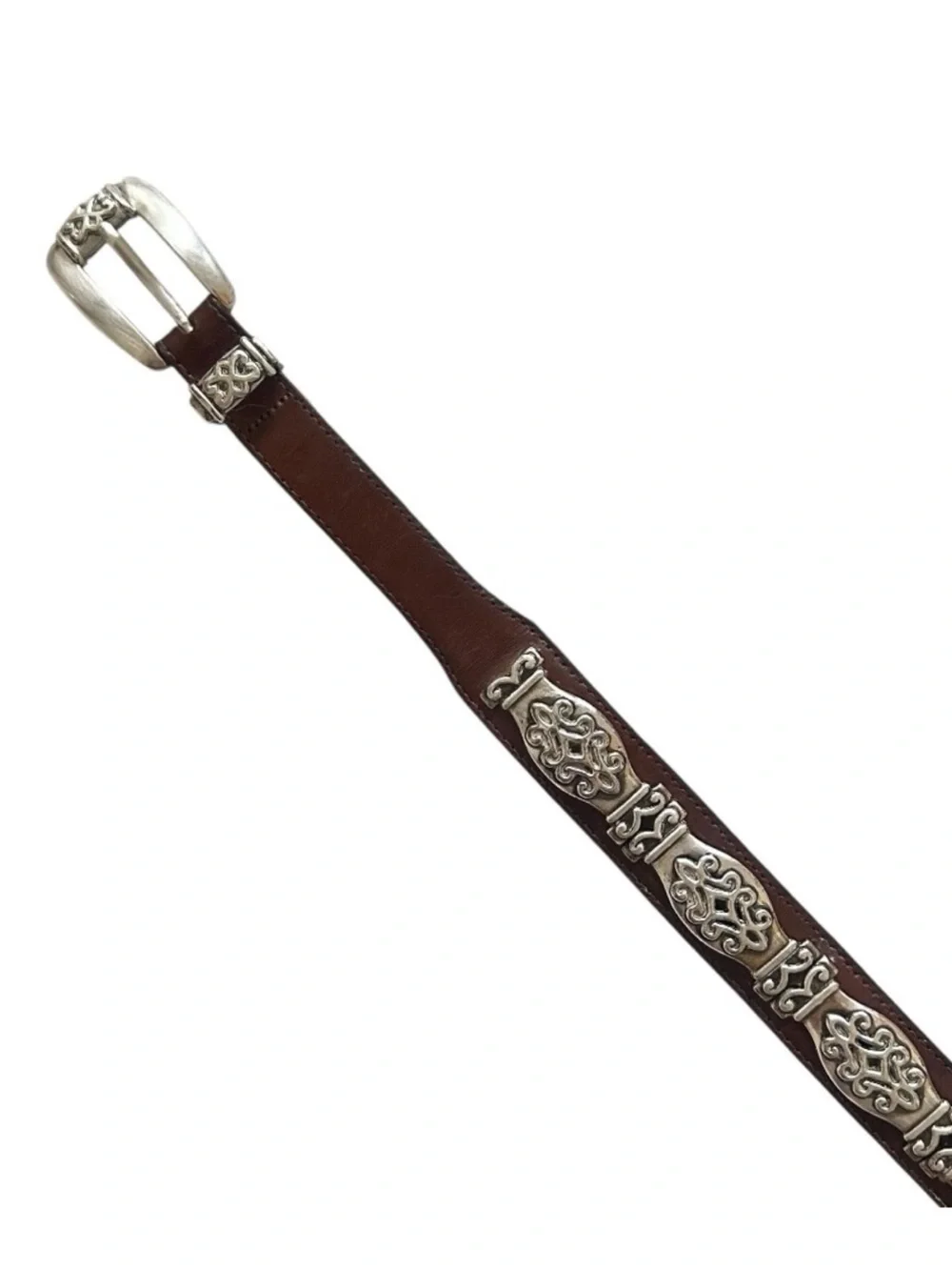 Brighton Vintage Dark Brown Leather Belt with Silver Ornate Accents
